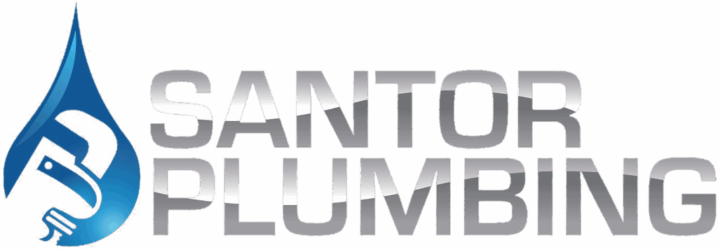 Santor Plumbing logo with water droplet and wrench, contact information and service requests.