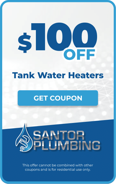 $100 off Santor Plumbing coupon for tank water heater repair and replacement services.