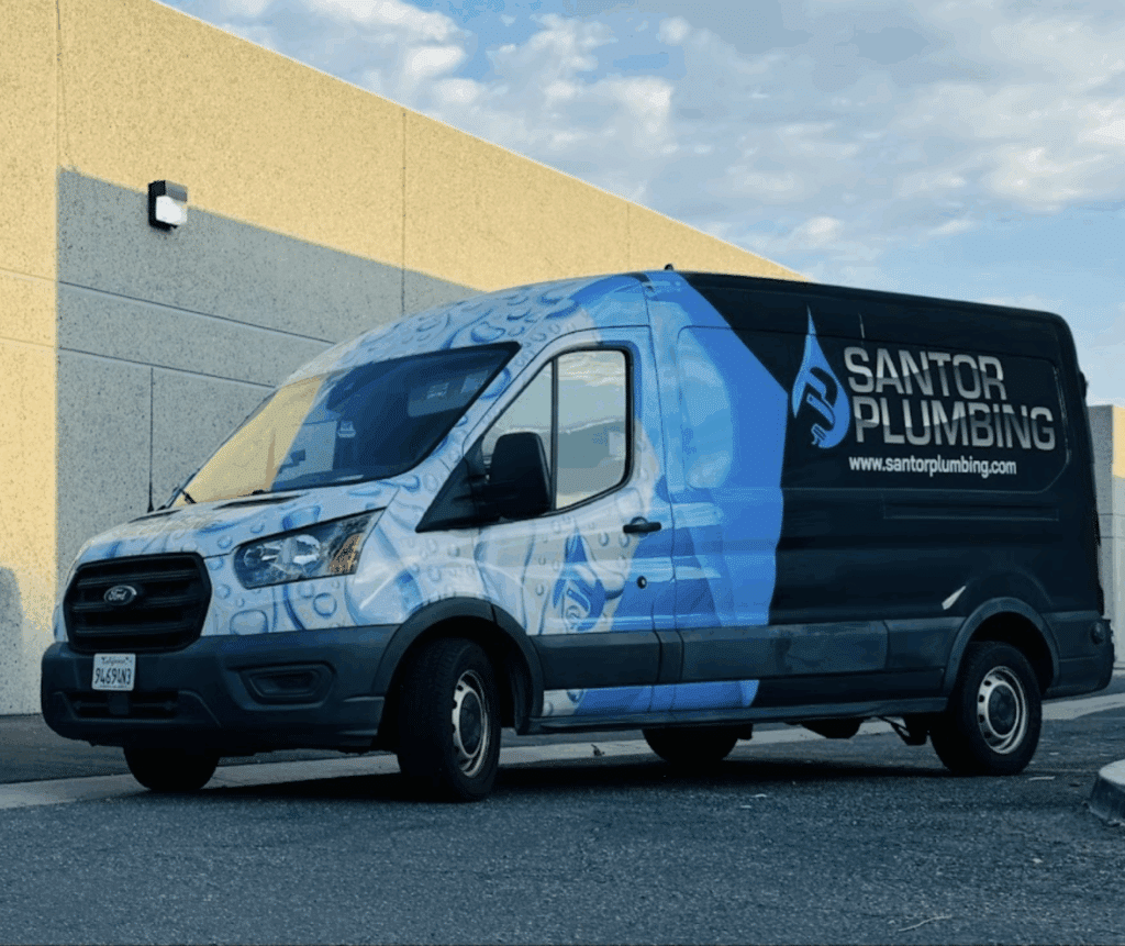 Santor Plumbing branded Ford van providing plumbing services in Ventura and Los Angeles Counties.