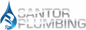 Santor Plumbing logo featuring a blue water droplet and flame design.