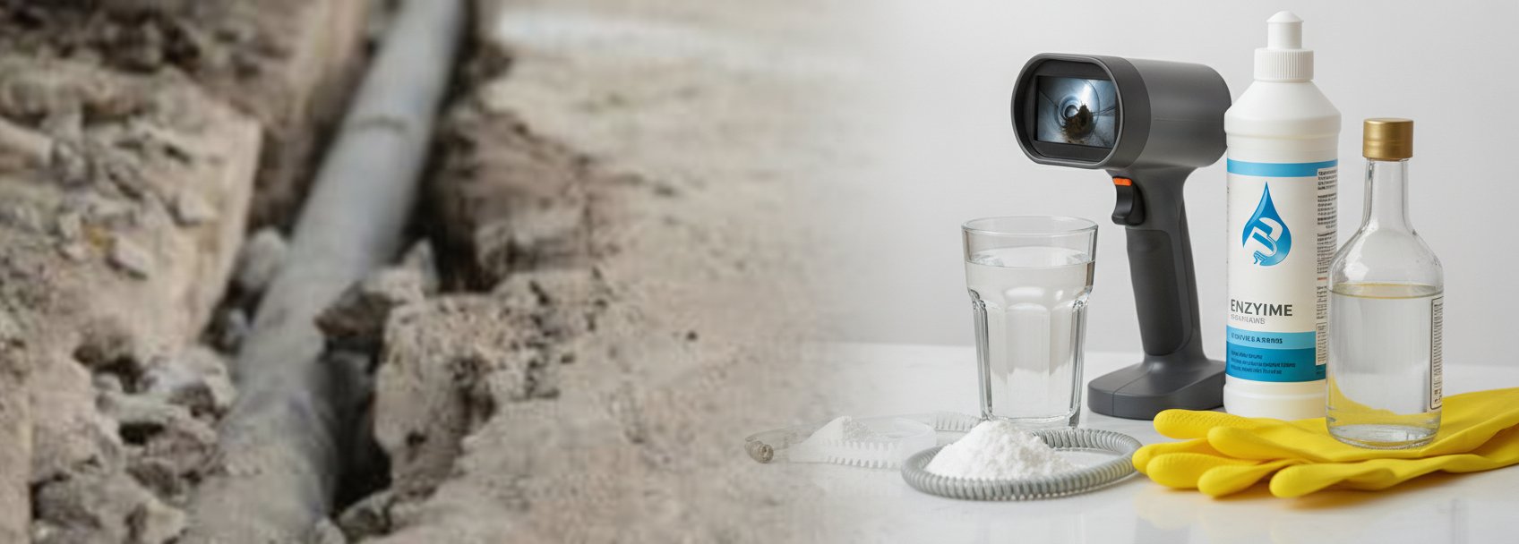 DIY drain cleaning supplies and tools including enzyme drain cleaner, gloves, and inspection camera.