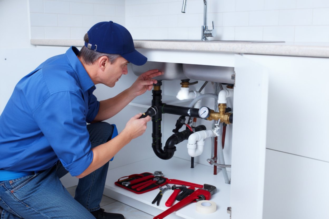 Santor Plumbing professional inspecting under-sink plumbing for low water pressure solutions.