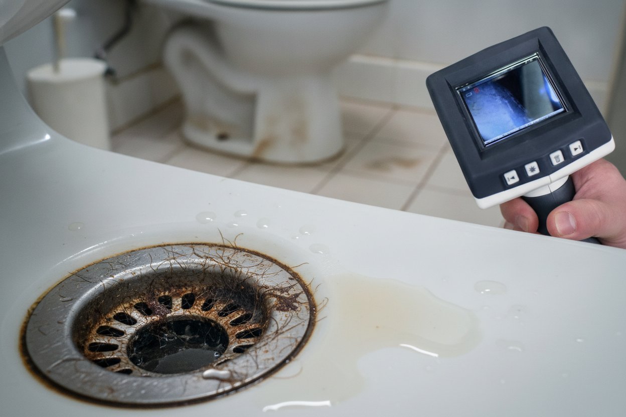 Plumbing inspection camera examining clogged bathroom drain and drainpipe.
