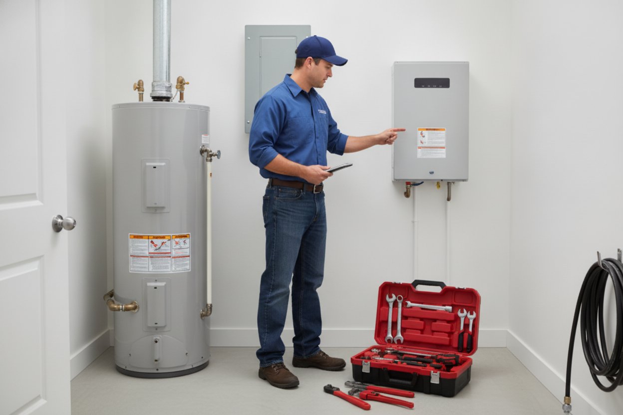 Plumber inspecting tankless water heater and traditional water tank during installation.
