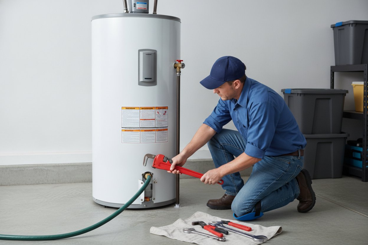 Water heater maintenance and repair by Santor Plumbing professional with wrench.