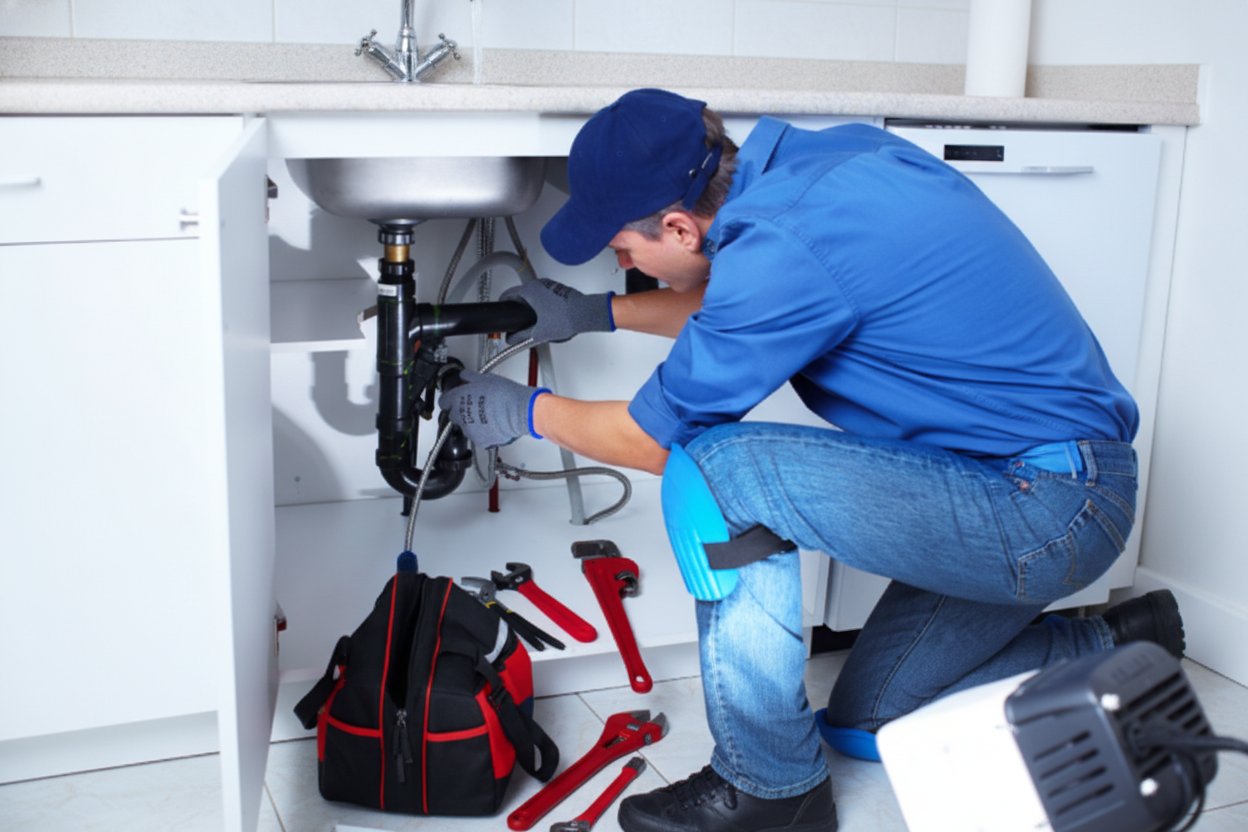Santor Plumbing professional cleaning drain pipes under bathroom sink.