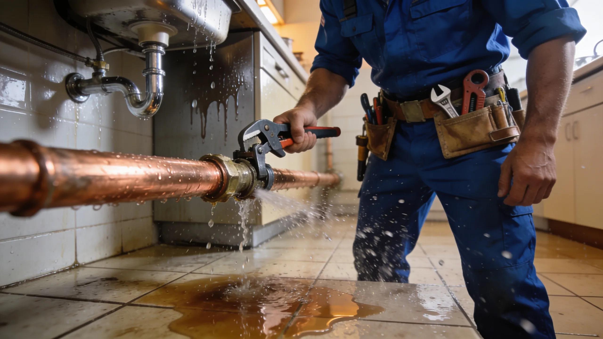 Emergency plumber addressing a burst pipe in a residential home, highlighting urgent plumbing services in Moorpark