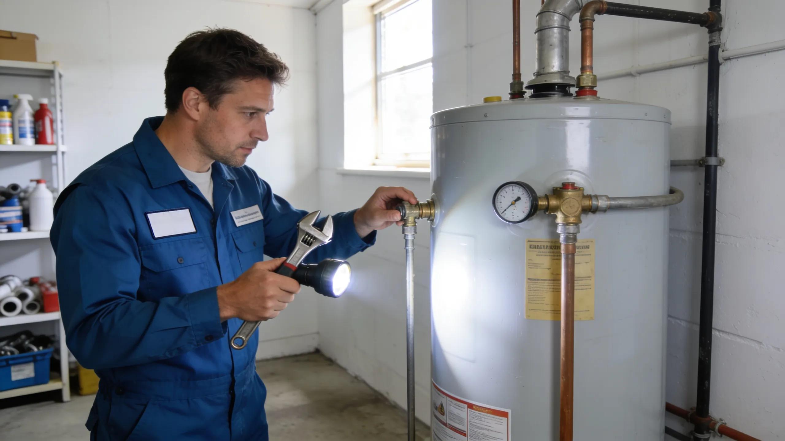 Licensed plumber inspecting a water heater in a utility room, demonstrating plumbing repair services in Moorpark