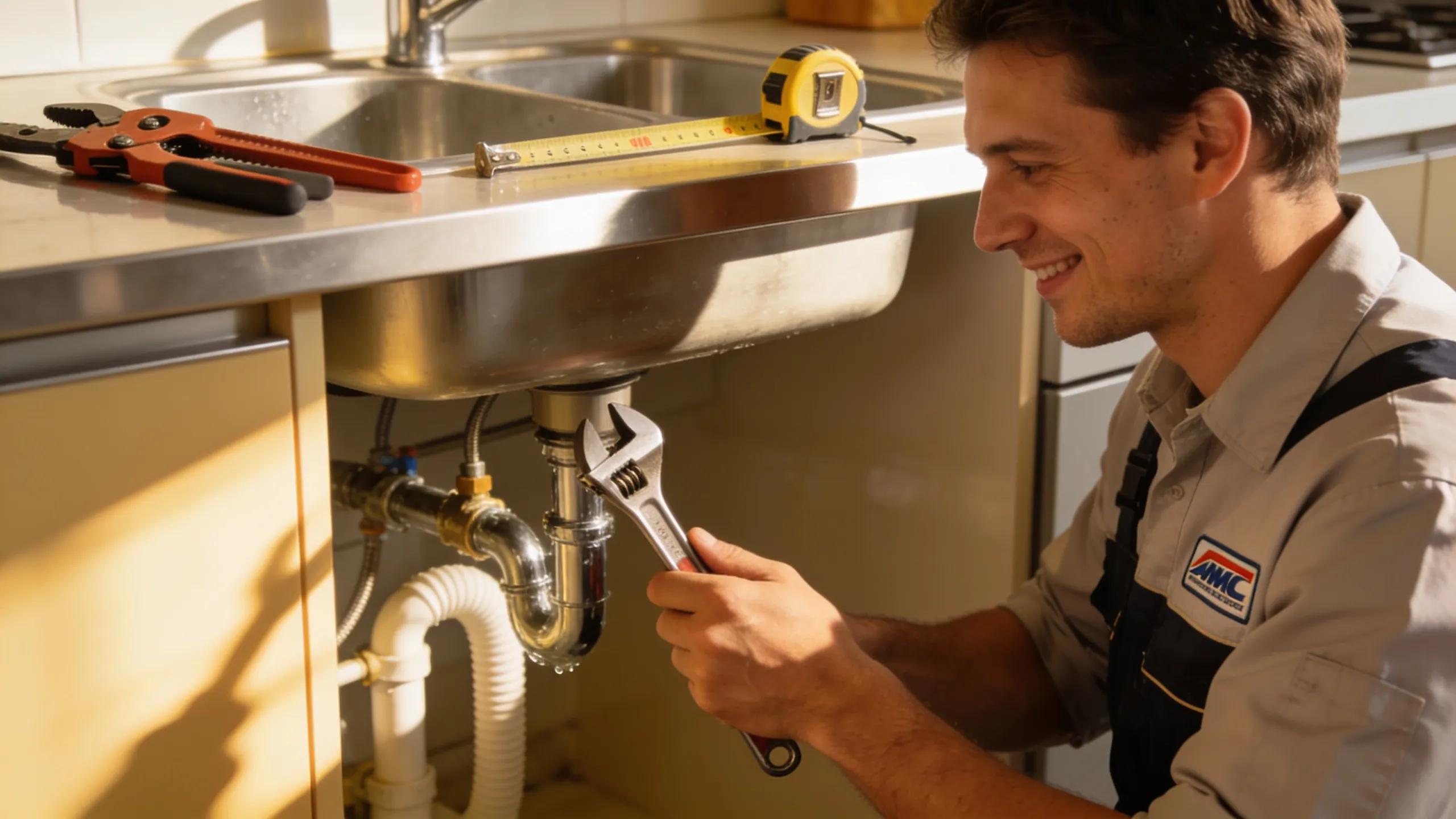 Local plumber installing plumbing fixtures in a modern kitchen, showcasing expert Moorpark plumbing services