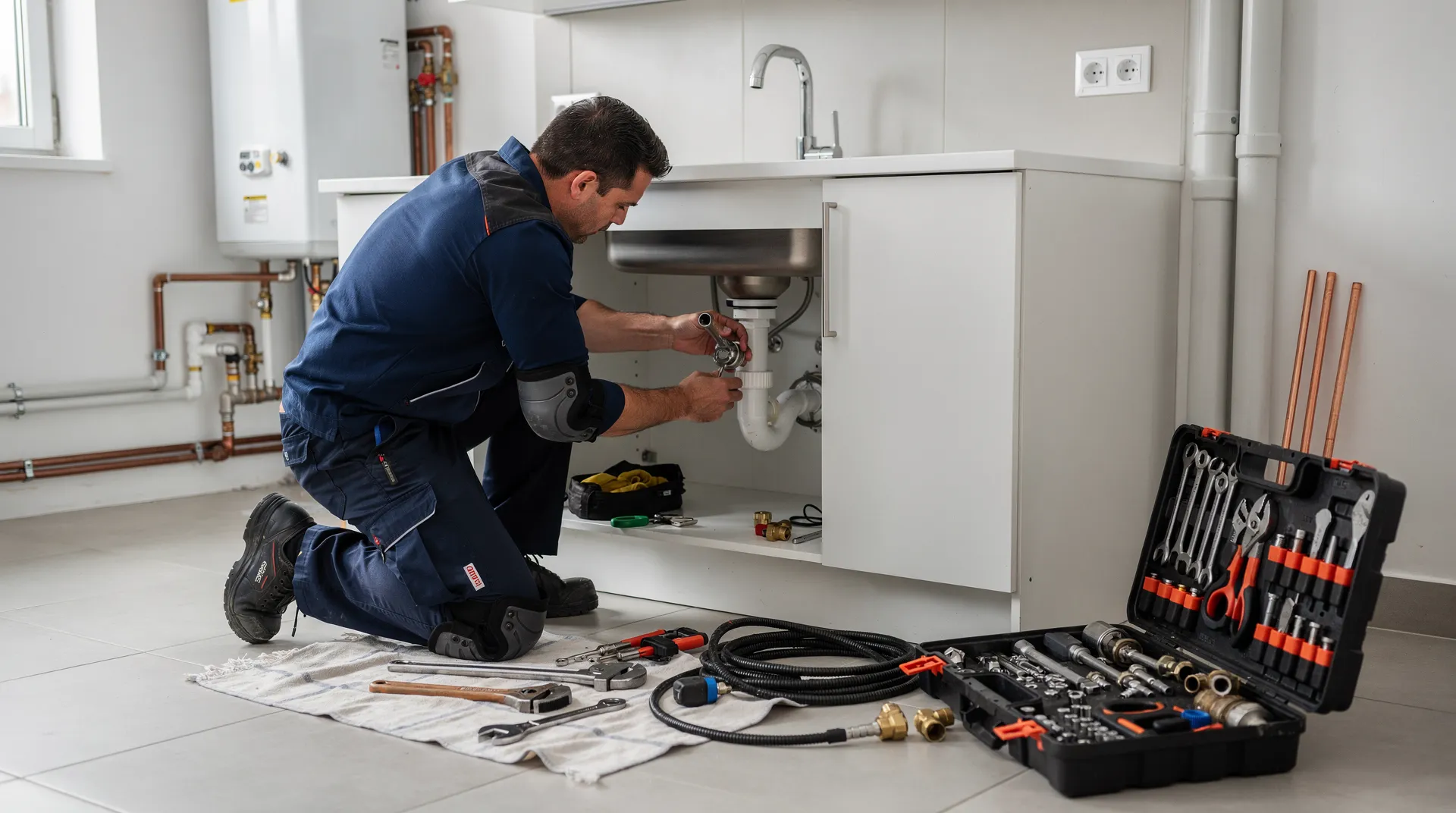 Plumber repairing pipes under kitchen sink, Santor Plumbing services Ventura and Los Angeles County.