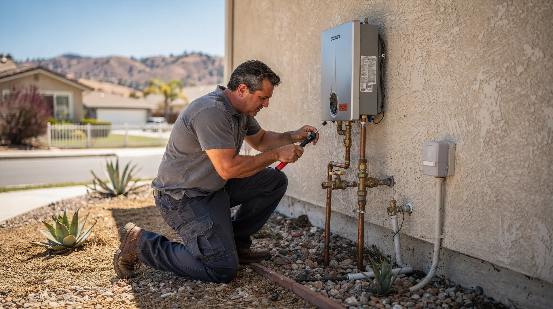 Licensed plumber servicing Ventura and Los Angeles County, installing tankless water heater.