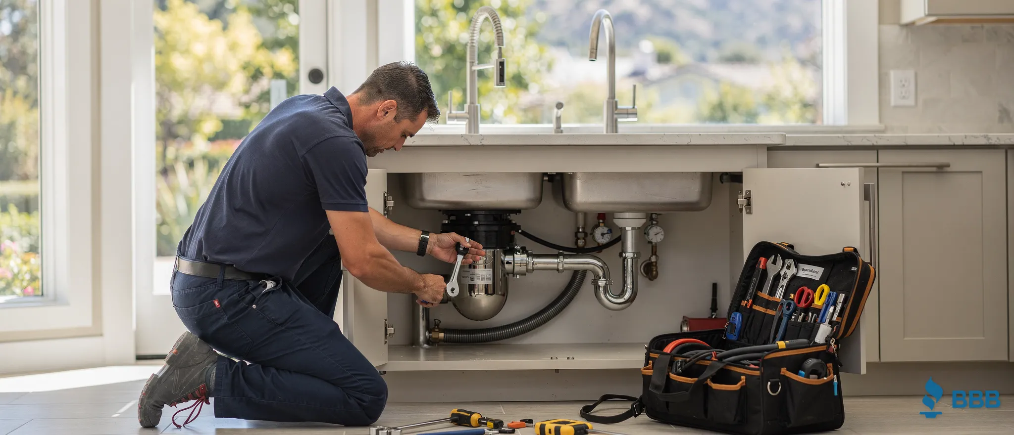 Plumber repairing sink plumbing in Westlake Village kitchen, Santor Plumbing tools and equipment.