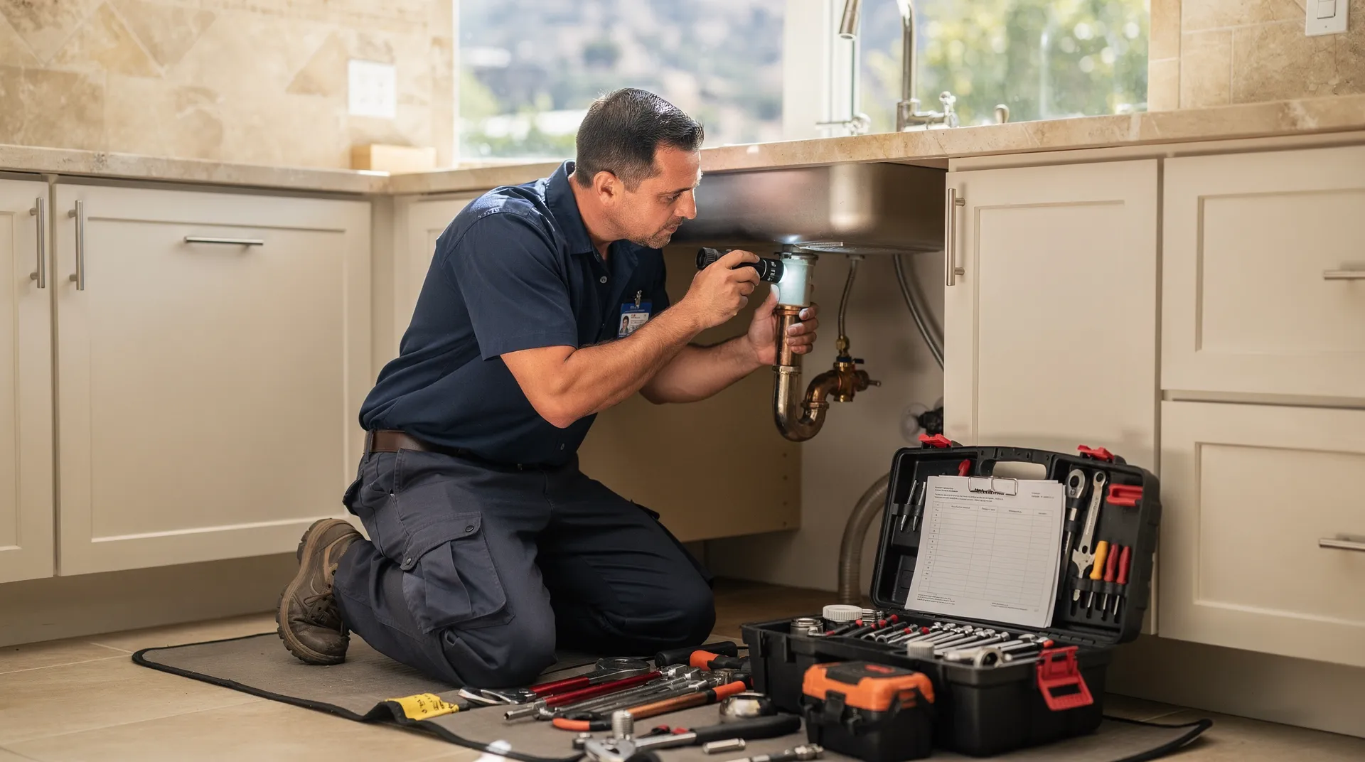 Westlake Village plumber inspecting pipes under kitchen sink with diagnostic technology and tools.