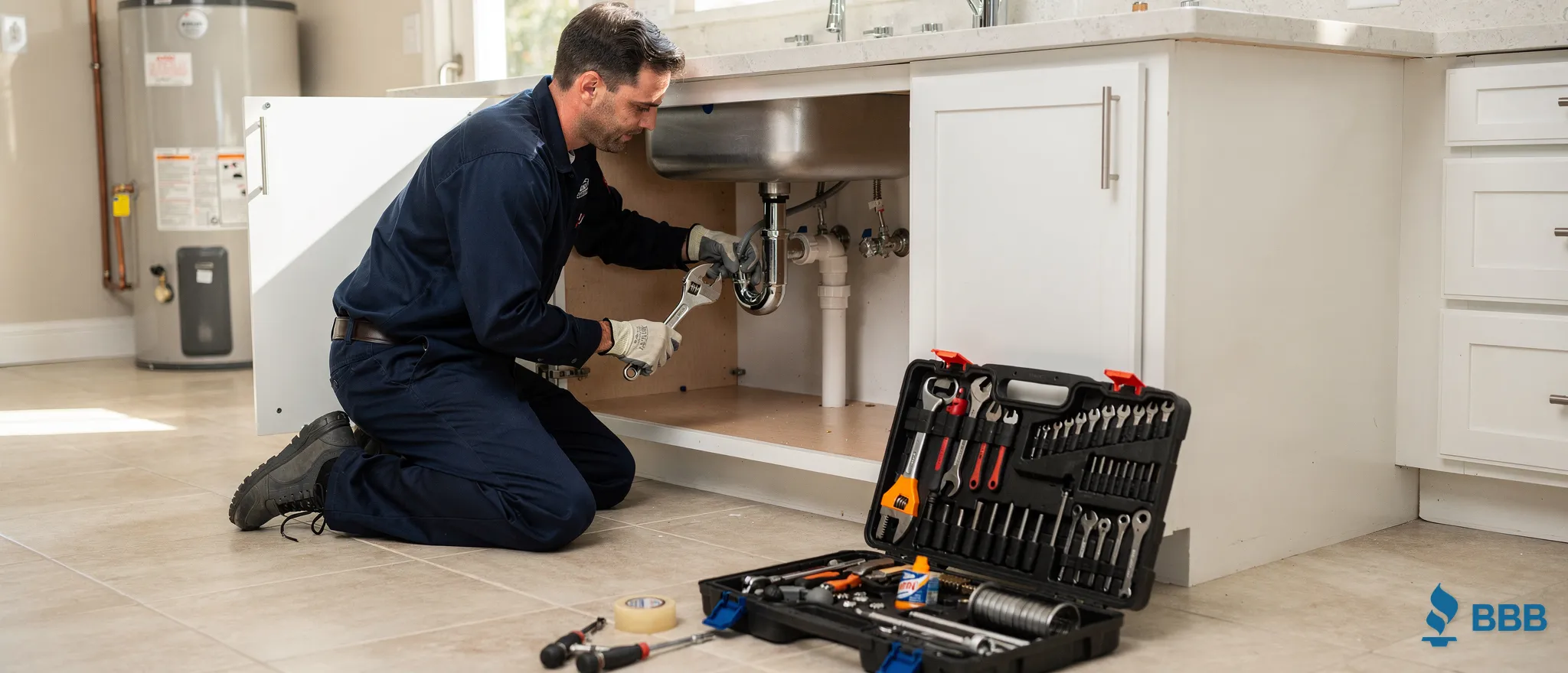 Plumber repairing sink plumbing in Thousand Oaks, California, with tools and water heater in background.