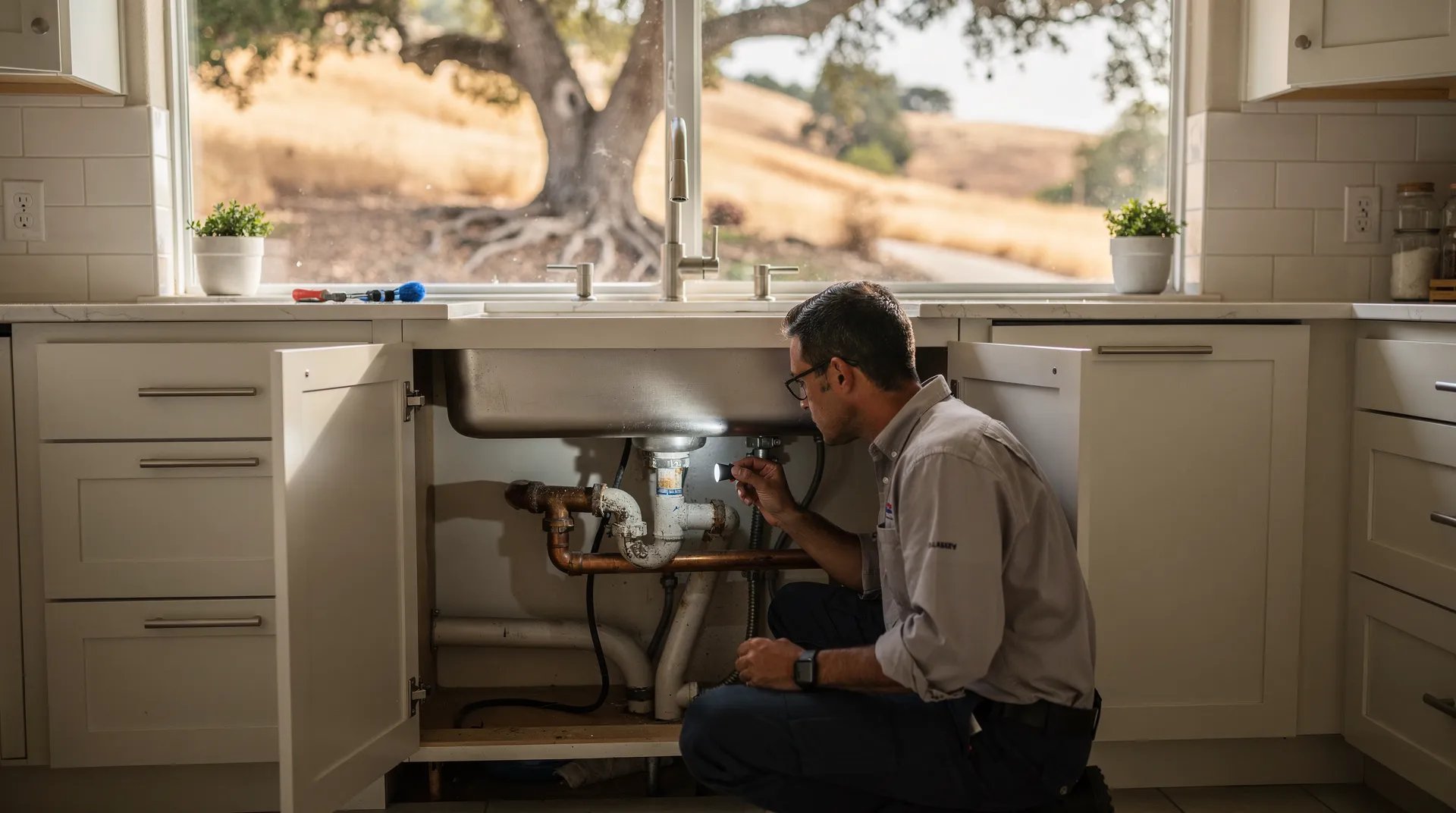 Plumber inspecting corroded pipes under kitchen sink in Thousand Oaks home.