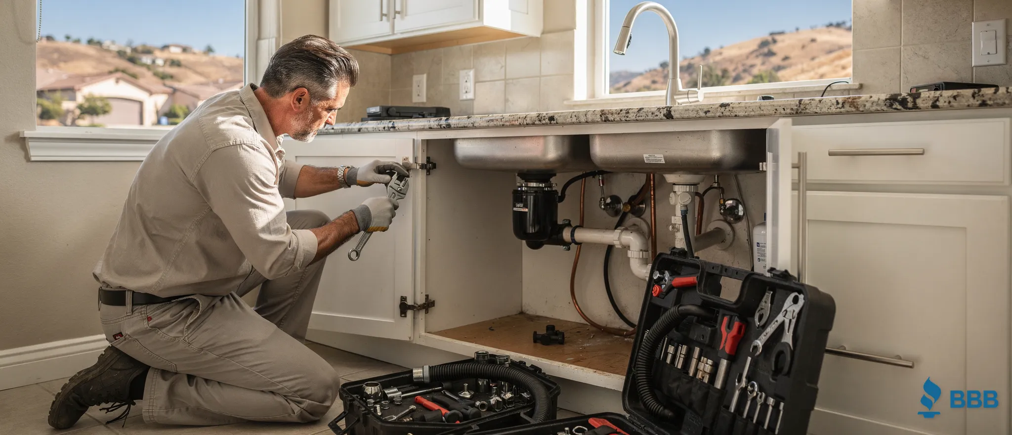 Santor Plumbing professional repairing kitchen sink plumbing in Simi Valley, CA.