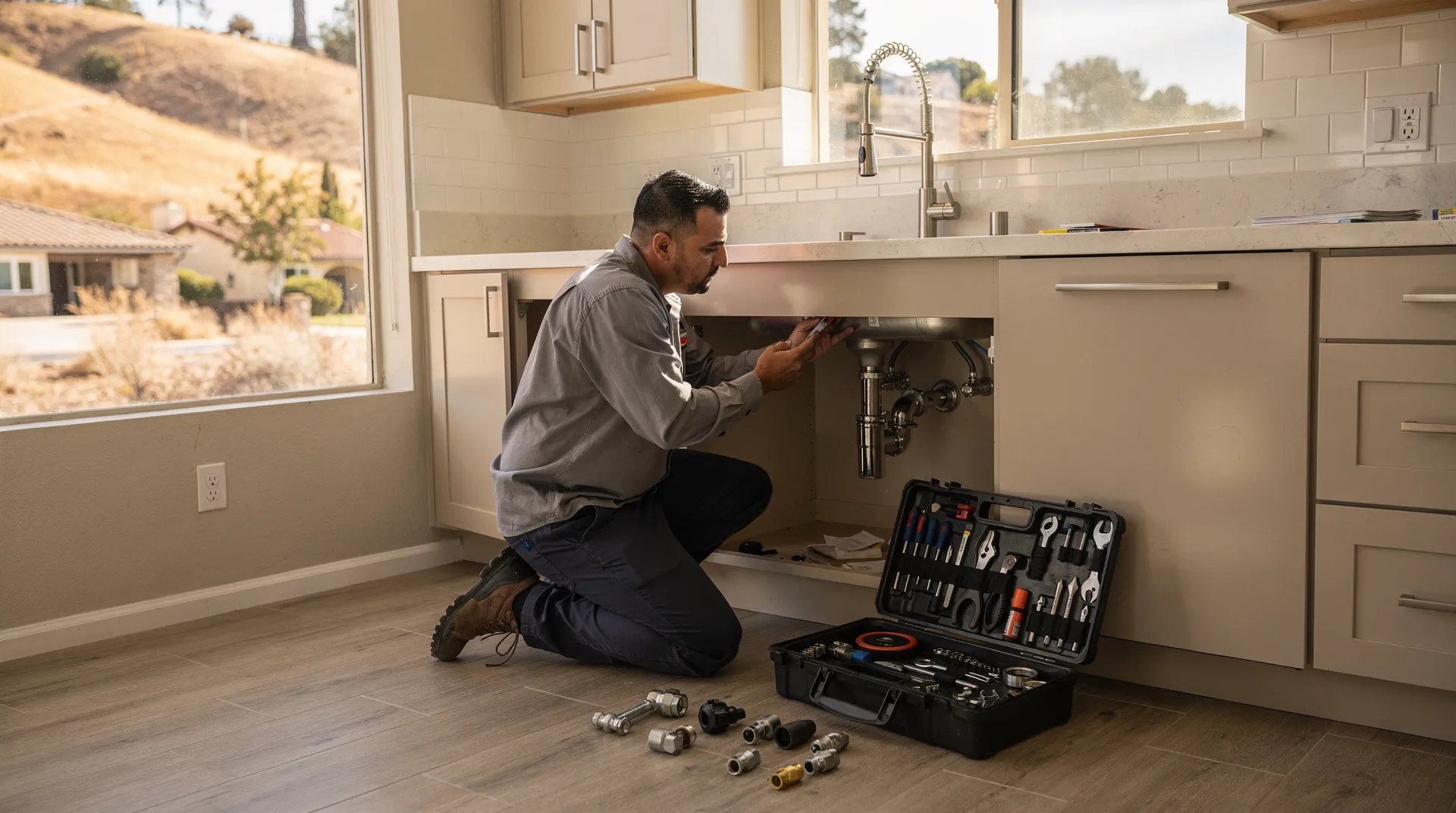 Santor Plumbing professional repairing kitchen sink plumbing in Simi Valley home.