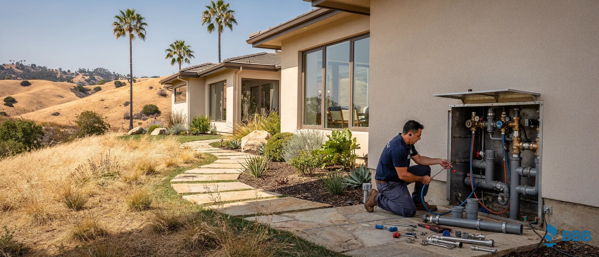 Plumbing professional servicing water heater in Calabasas, California home and yard.