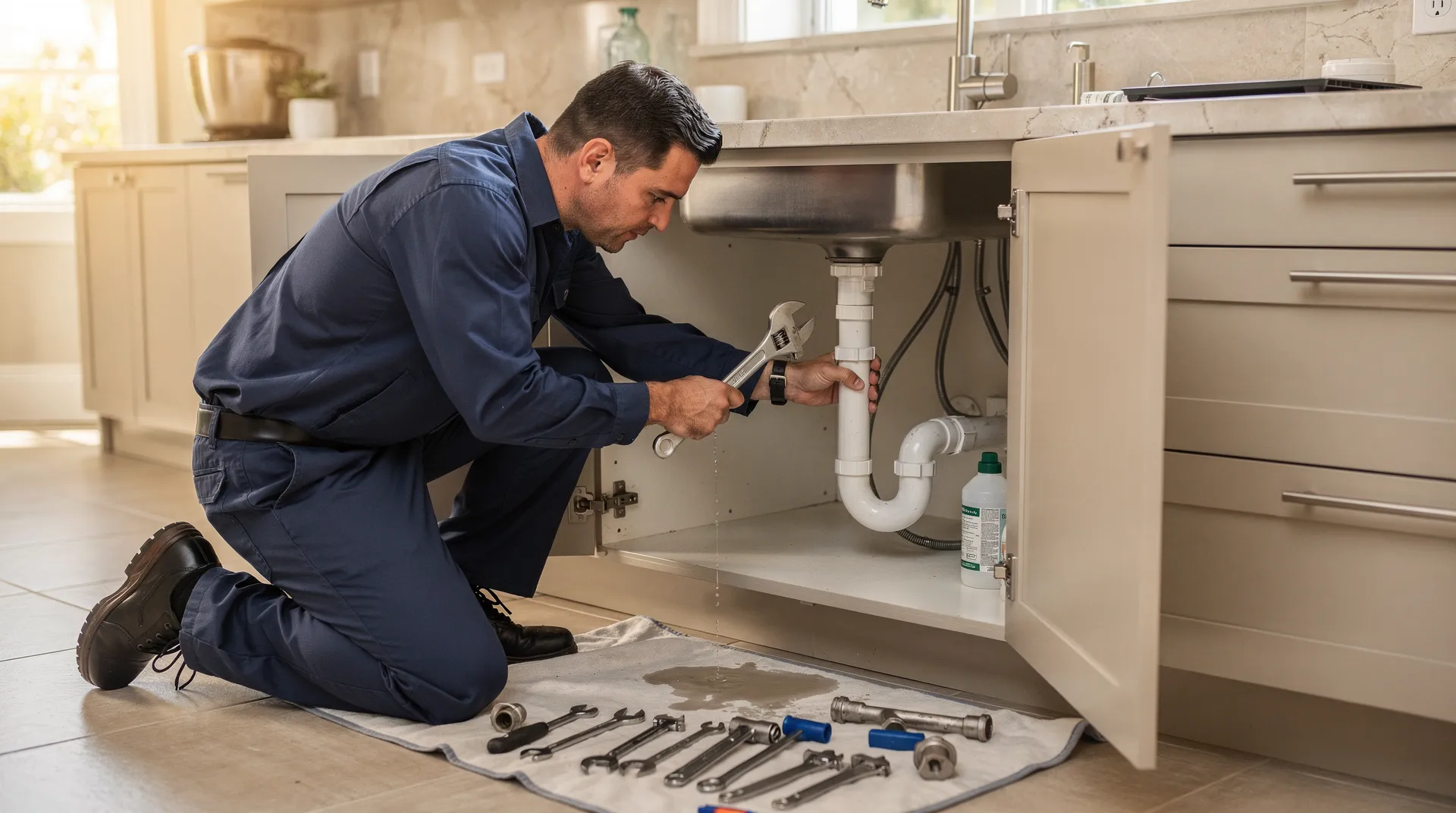 Plumber repairing sink plumbing and pipes in Calabasas kitchen.