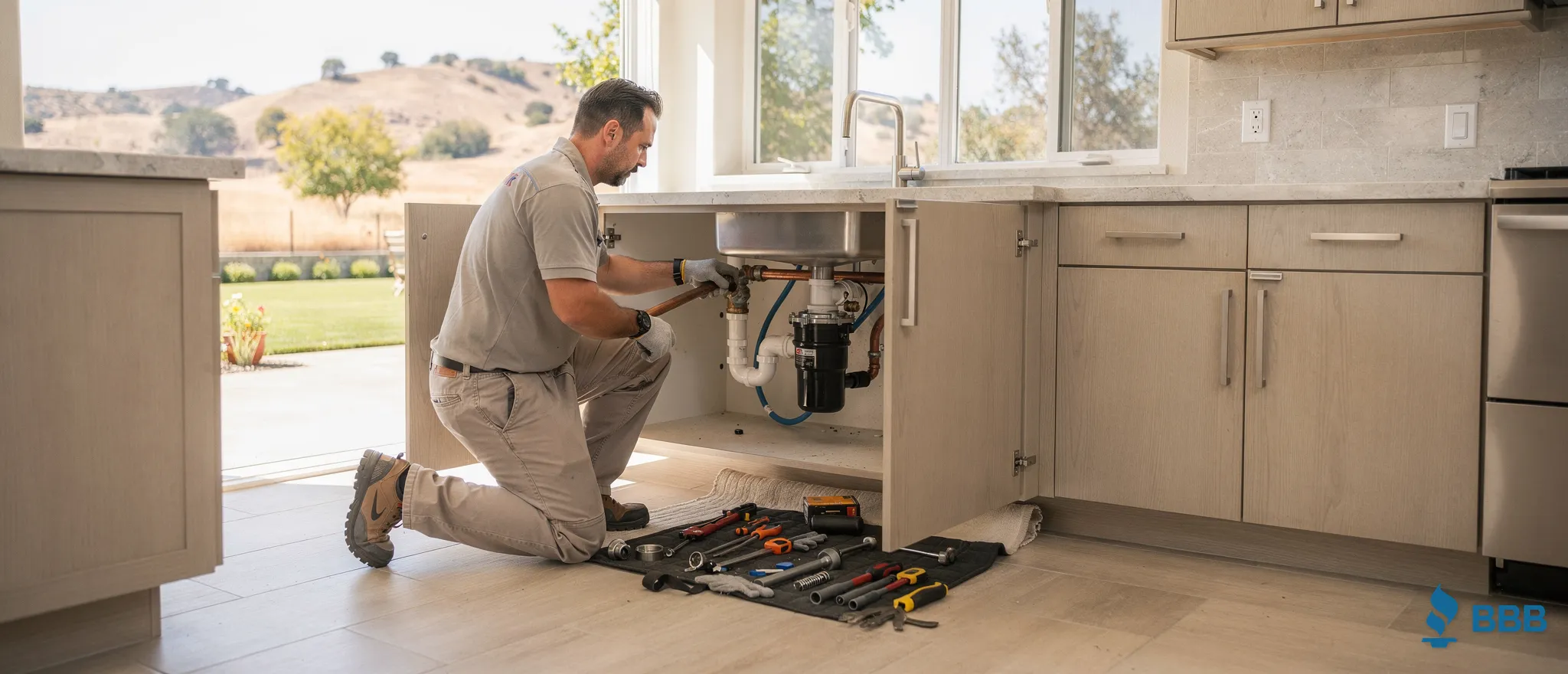 Plumber repairing sink plumbing under kitchen cabinet in Agoura Hills, CA