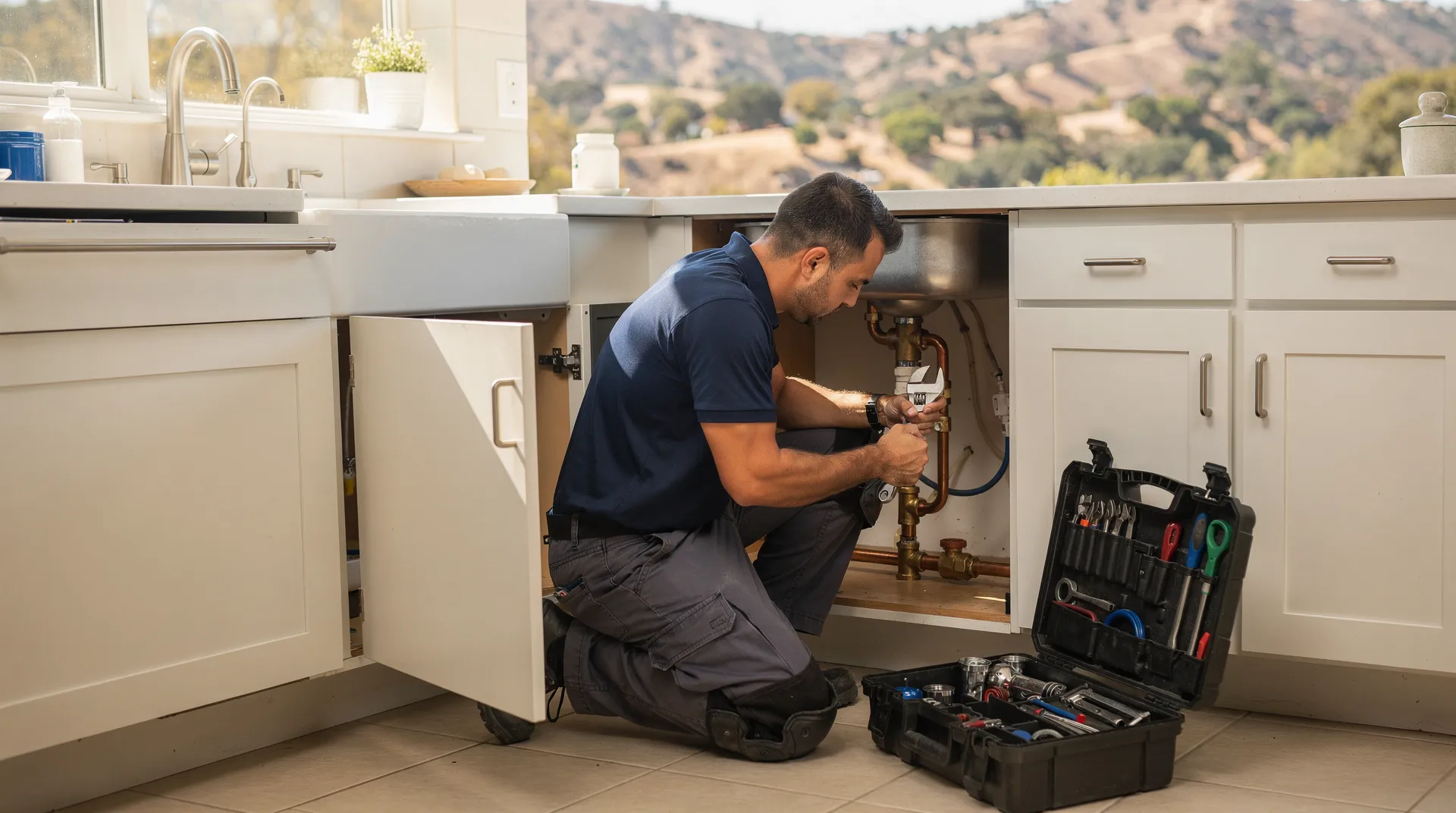 Santor Plumbing technician repairing pipes under kitchen sink in Agoura Hills home.