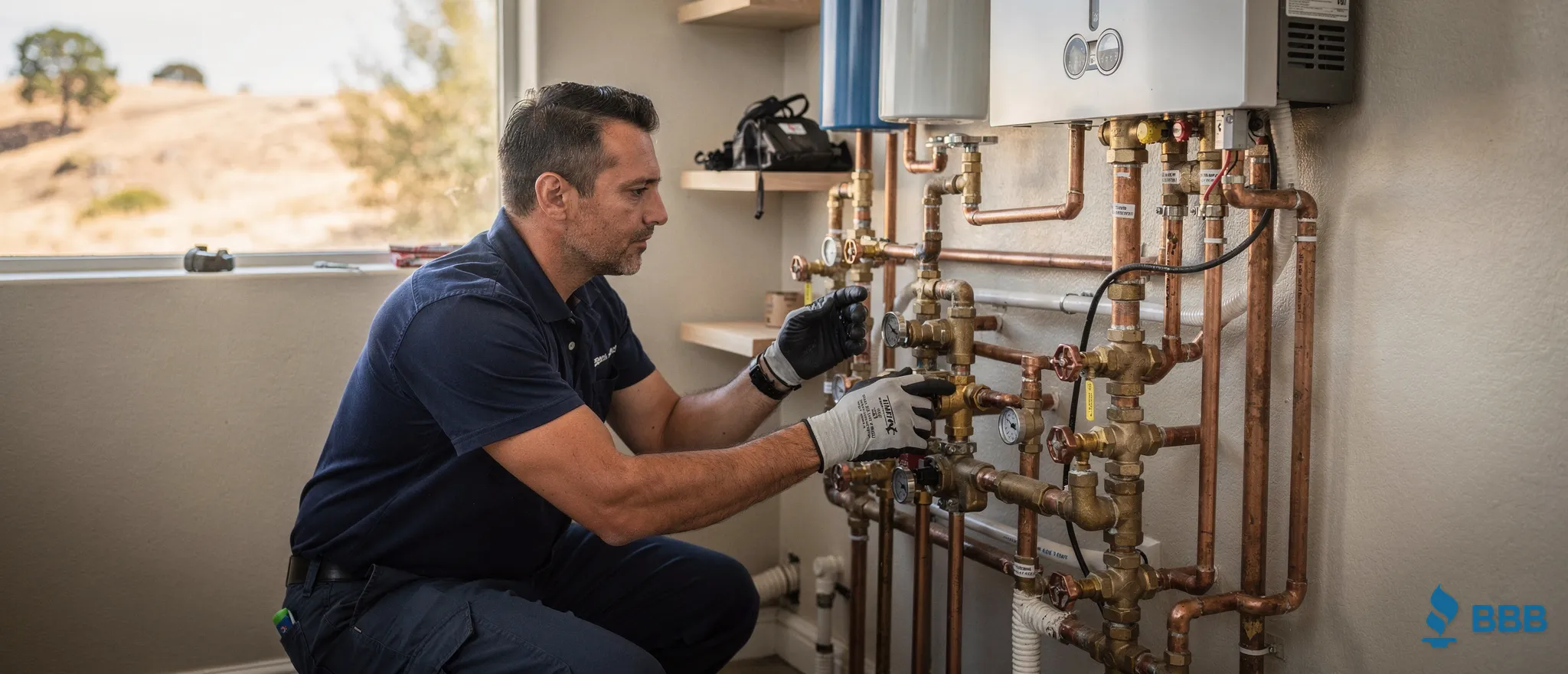 Plumber in Newbury Park, CA inspecting and servicing a tankless water heater installation