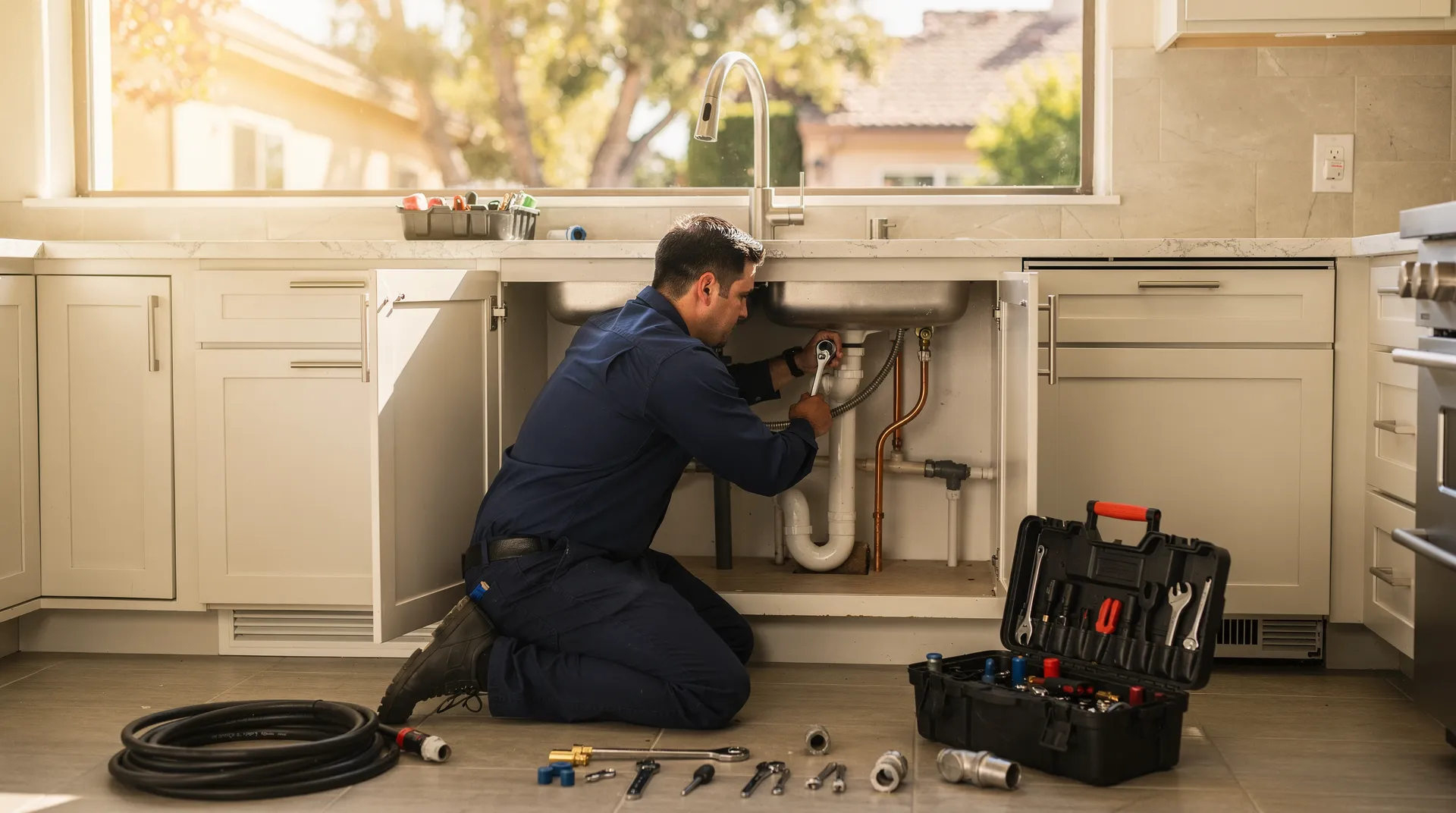 Plumber inspecting kitchen sink plumbing and pipes in Newbury Park, CA.