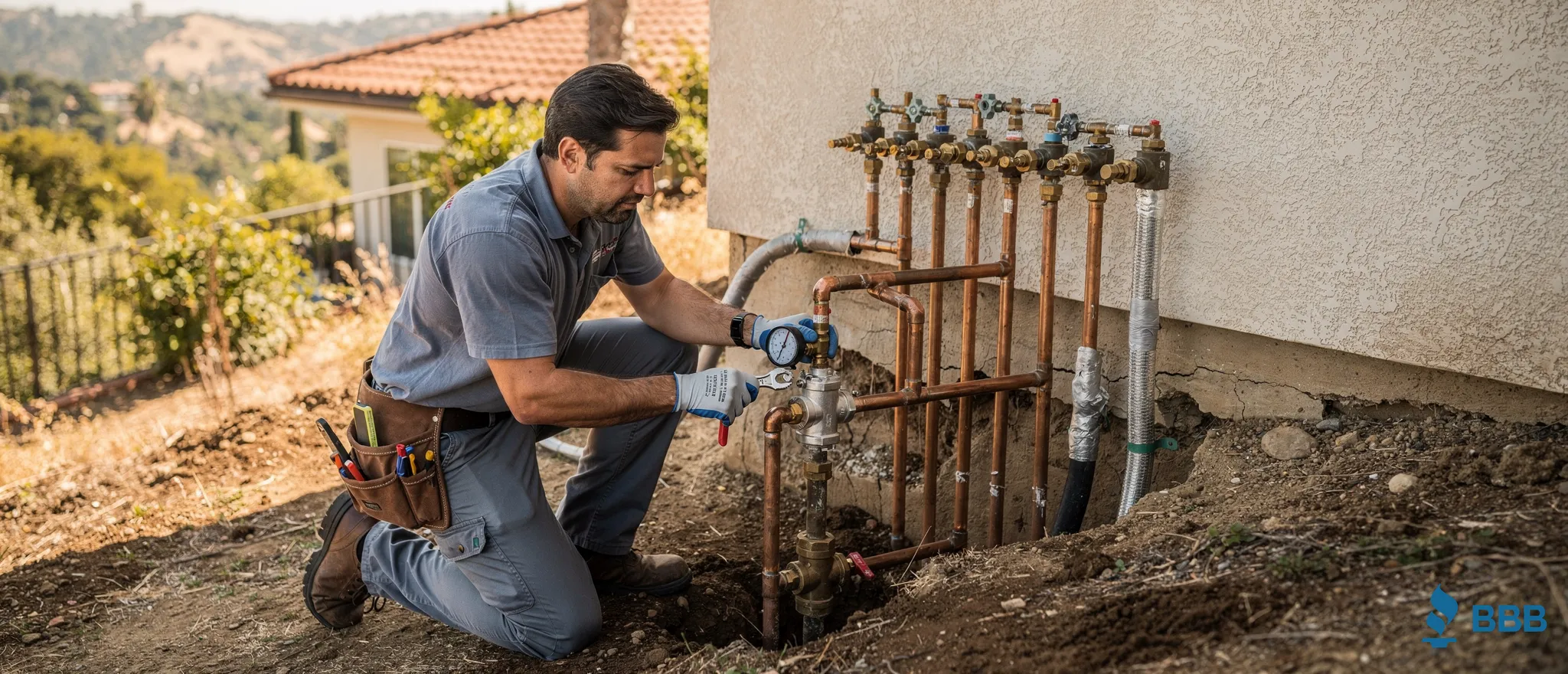 Plumber repairing water valves and pipes in Woodland Hills, CA, addressing soil instability and infrastructure challenges.
