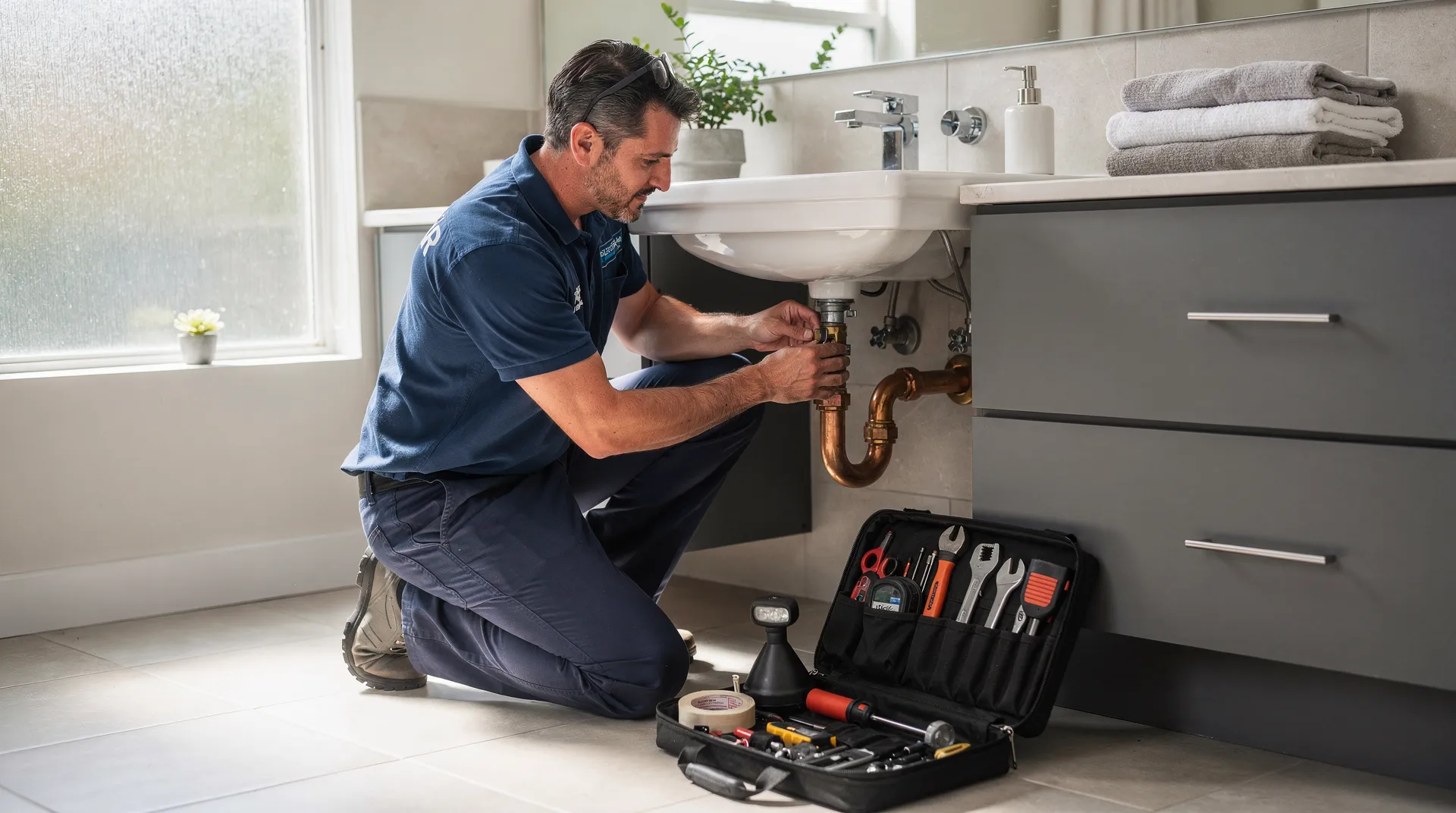 Plumber repairing pipes under bathroom sink in Woodland Hills, CA, with tools and equipment.