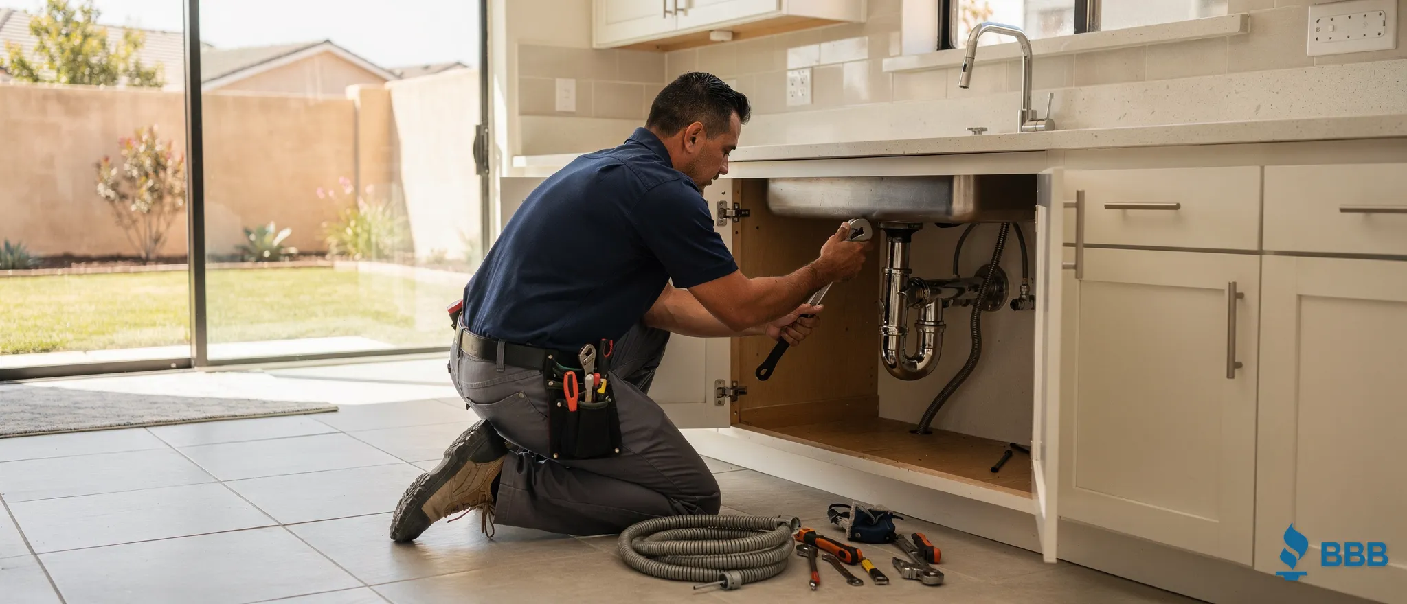 Licensed plumber repairing sink plumbing in Porter Ranch home.