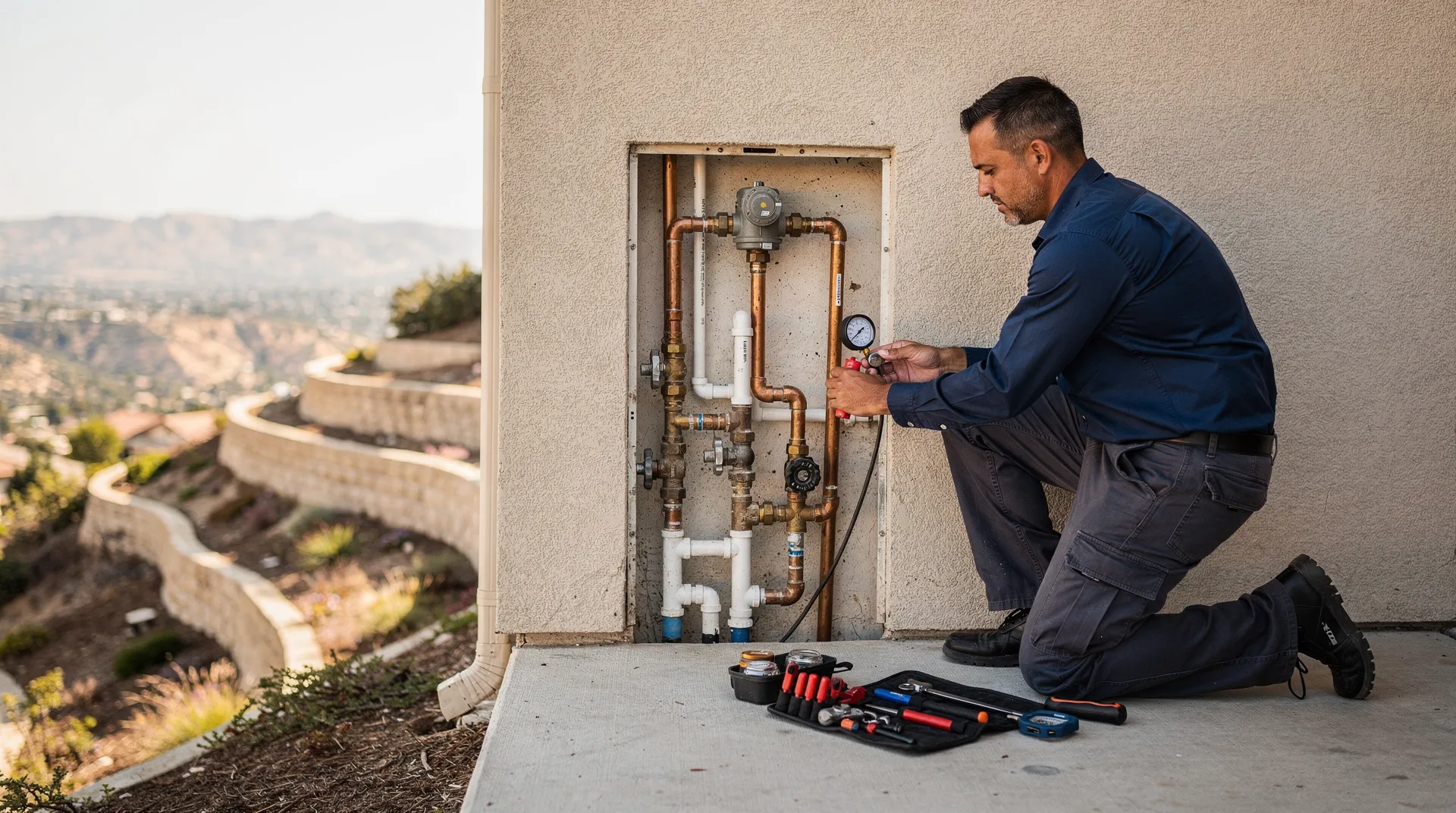Licensed plumber inspecting water pipes and earthquake valve in Porter Ranch home.