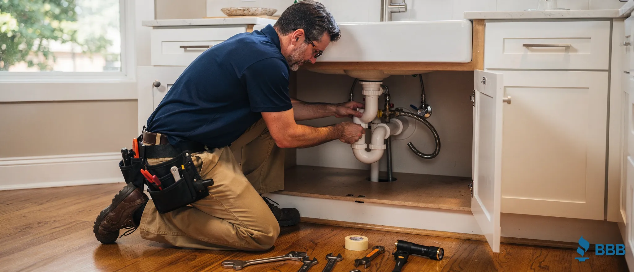 Plumber repairing sink drain under kitchen cabinet in Oak Park, California