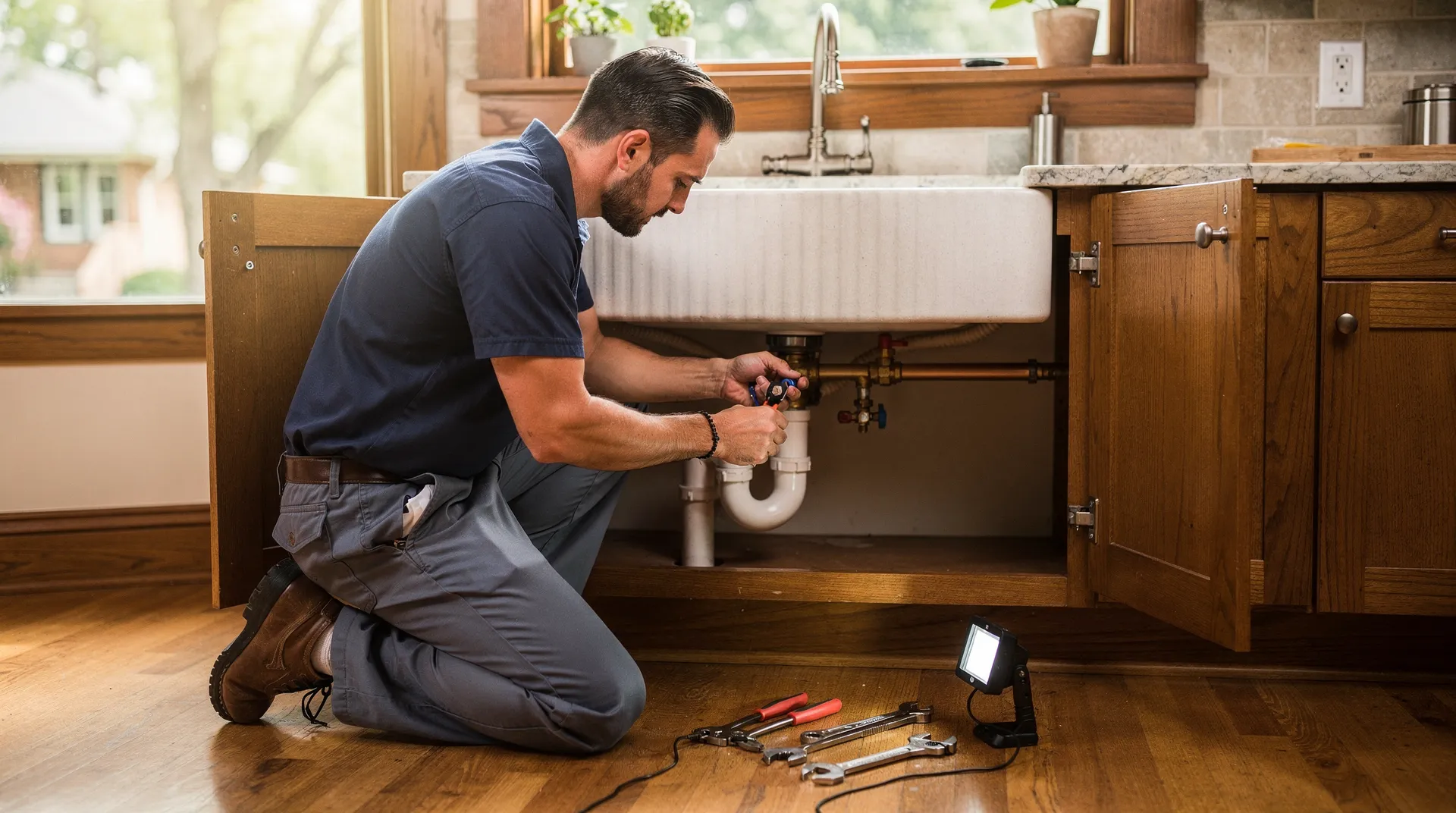 Plumber repairing pipes under kitchen sink in Oak Park home.