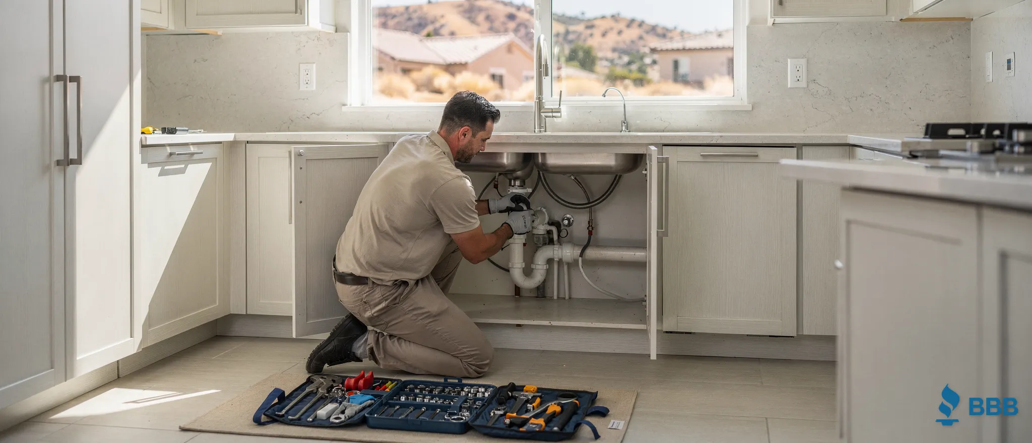 Plumber repairing sink plumbing in Santa Clarita kitchen, residential plumbing services.