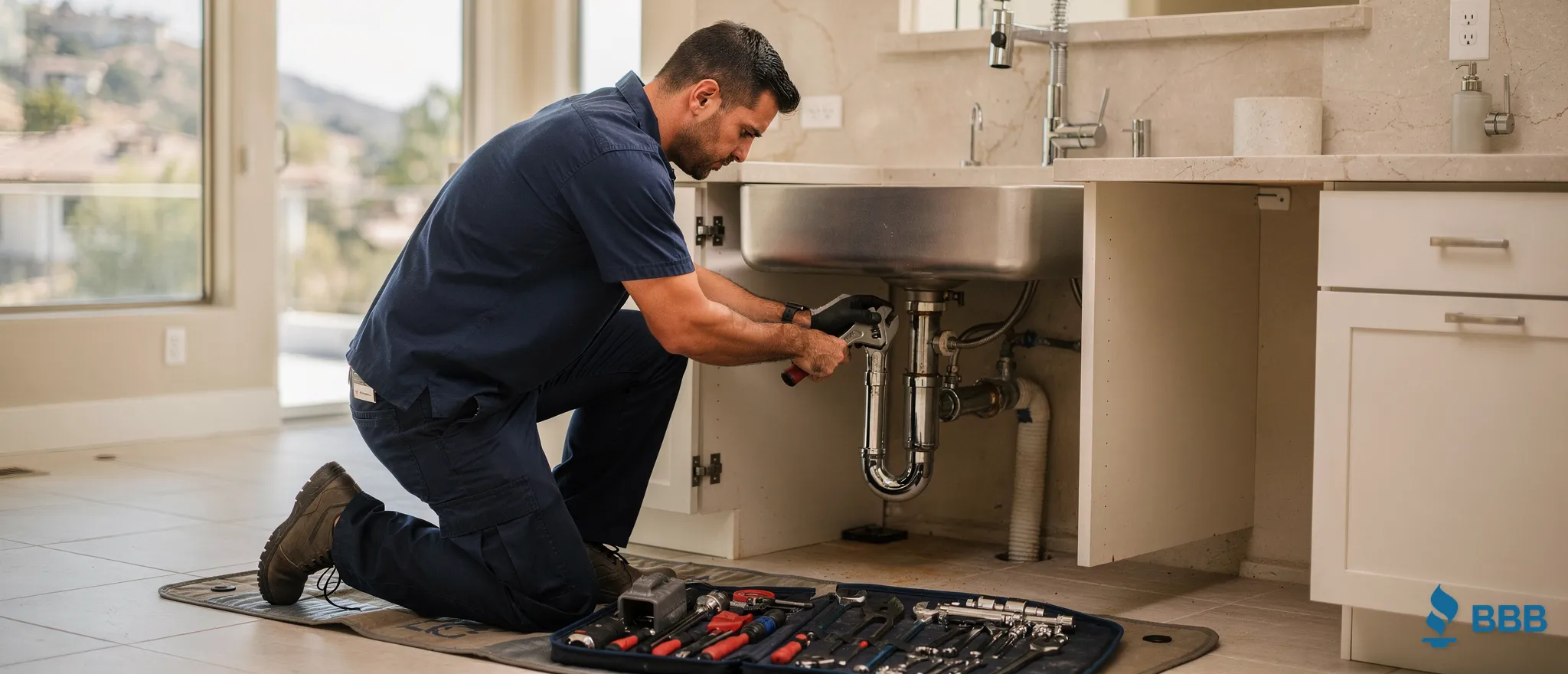 Plumber repairing sink drain pipes in Bell Canyon home, Santor Plumbing services.