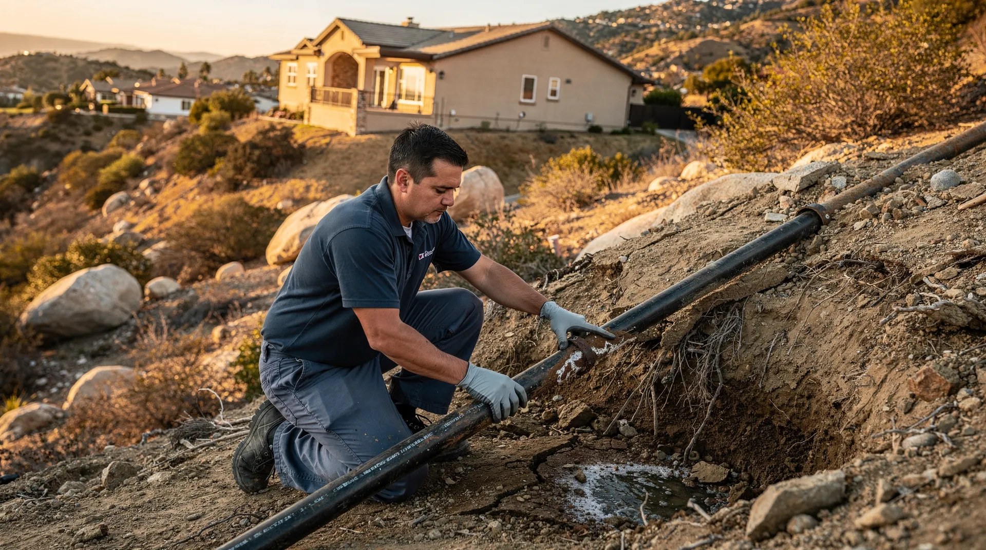 Plumber repairing pipeline in Bell Canyon, California, addressing corroded pipes and hard water damage.