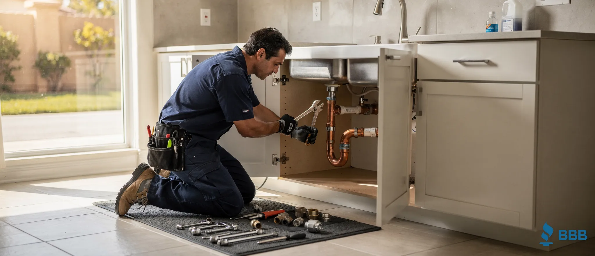 Plumber repairing sink plumbing and pipes in Camarillo, CA home.