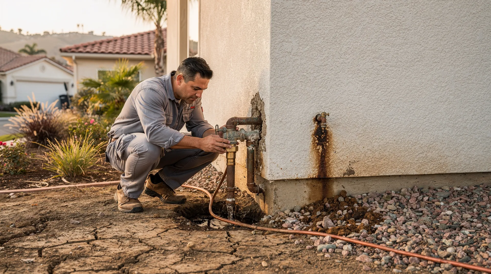 Camarillo plumber inspecting outdoor water spigot and pipe fittings