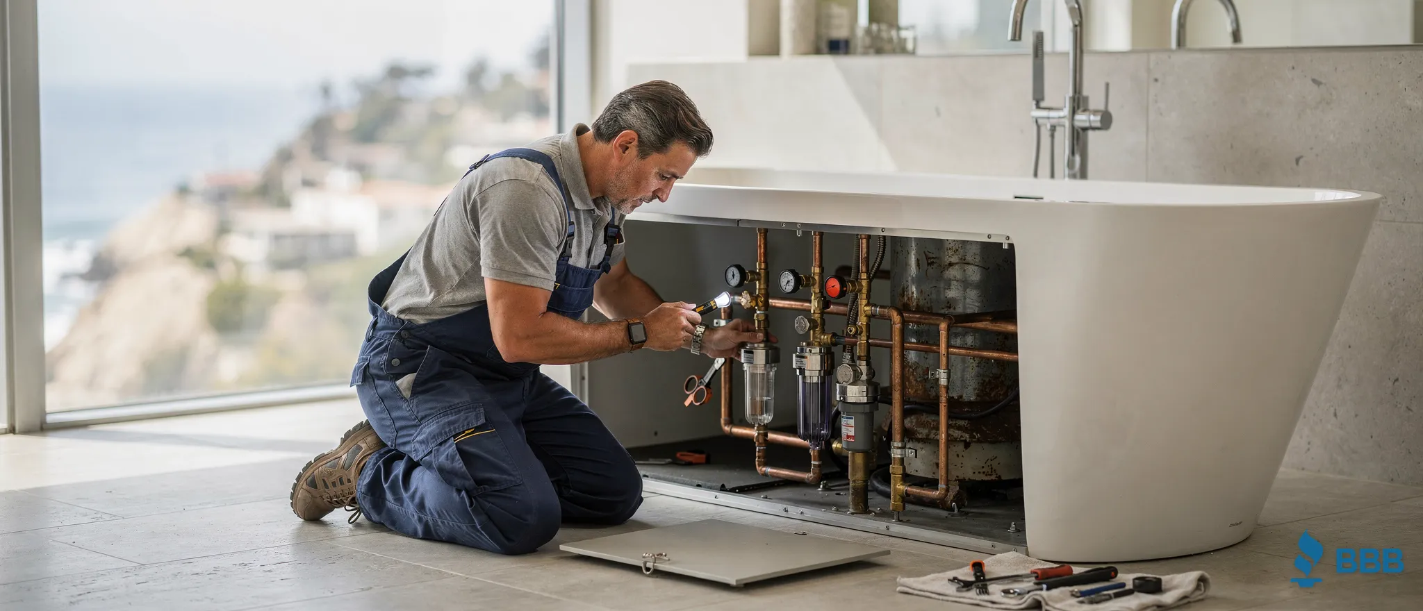 Licensed plumber repairing water heater in Malibu coastal home