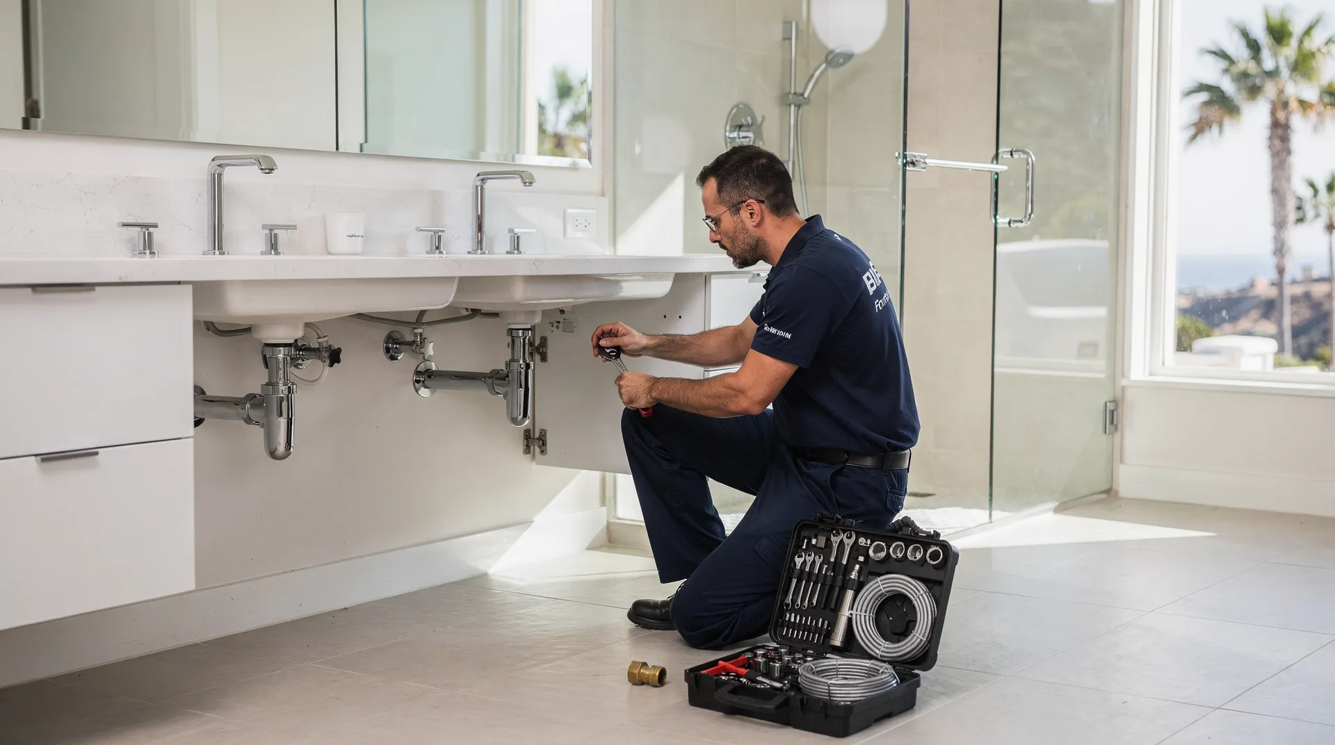 Malibu plumber repairing bathroom plumbing under sink, corrosion-resistant materials and fixtures.