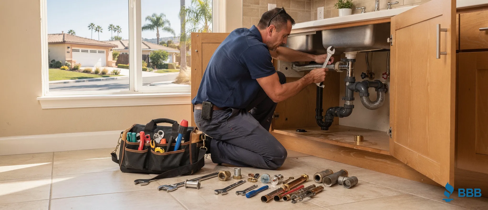 Licensed plumber repairing sink plumbing in Camarillo Heights, CA and Ventura County.