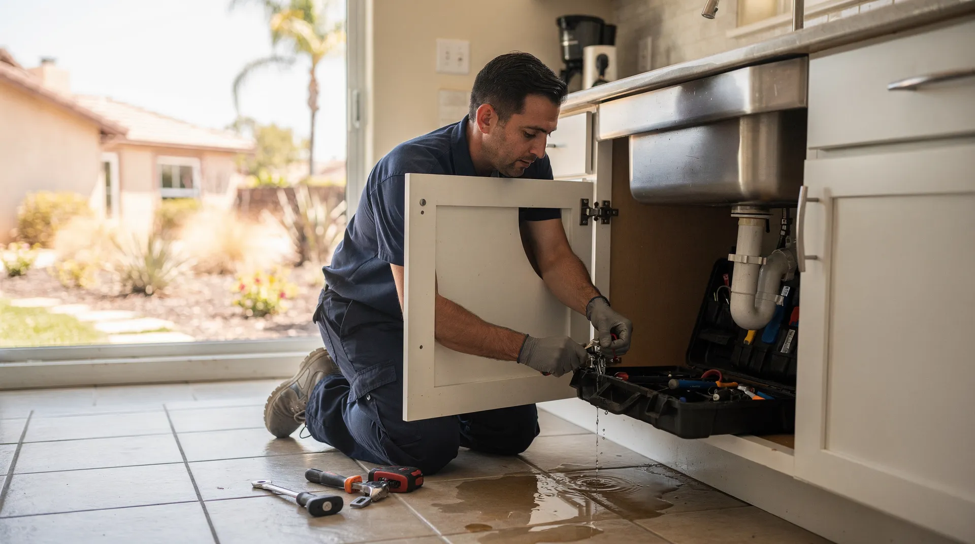 Camarillo Heights plumber inspecting water heater and pipes under kitchen sink.