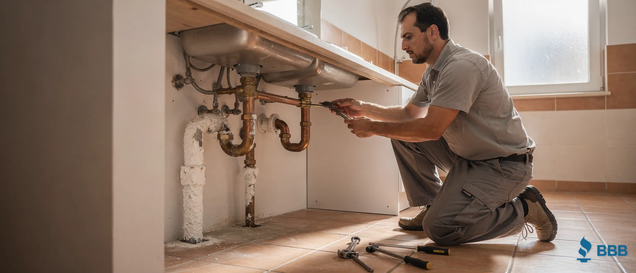 Plumber repairing pipes under sink in Valencia, California home.