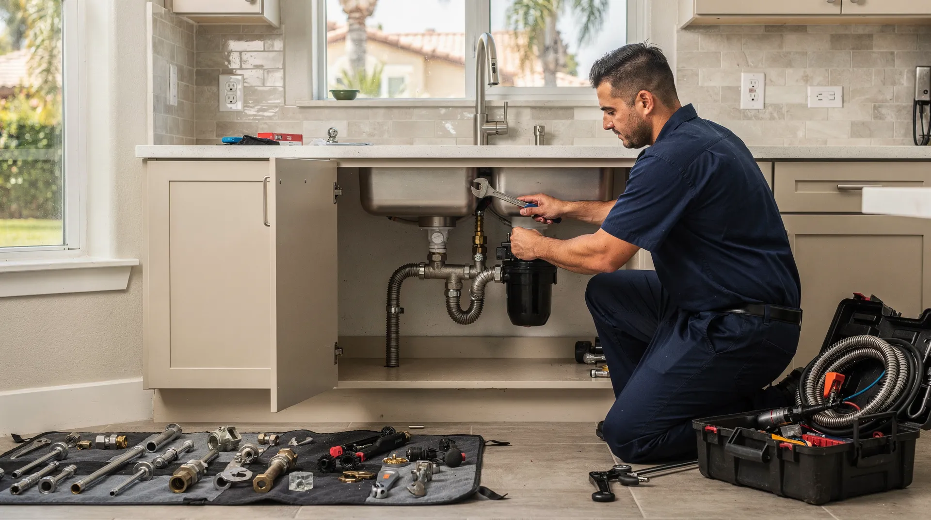 Valencia plumber repairing sink plumbing and pipes under kitchen sink.