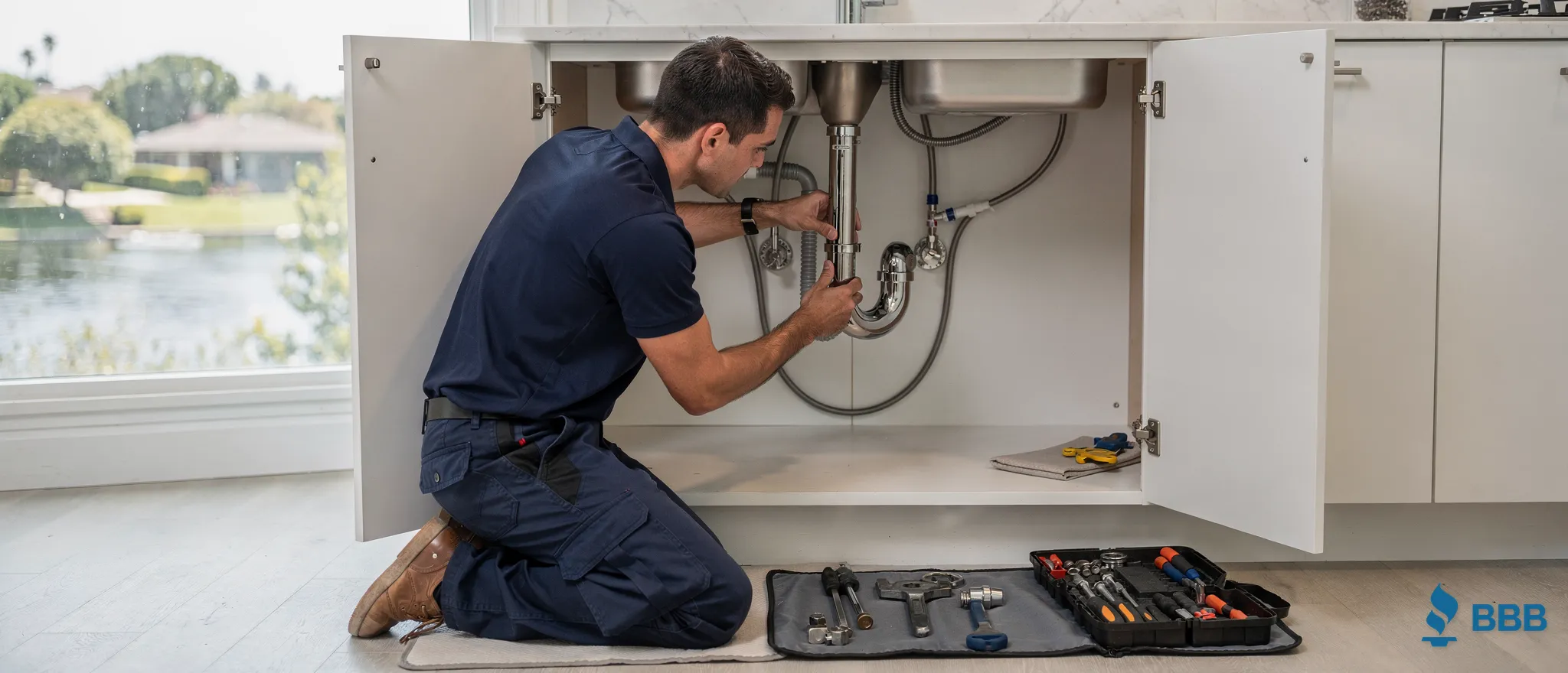 Plumber repairing kitchen sink plumbing in Lake Sherwood, California home