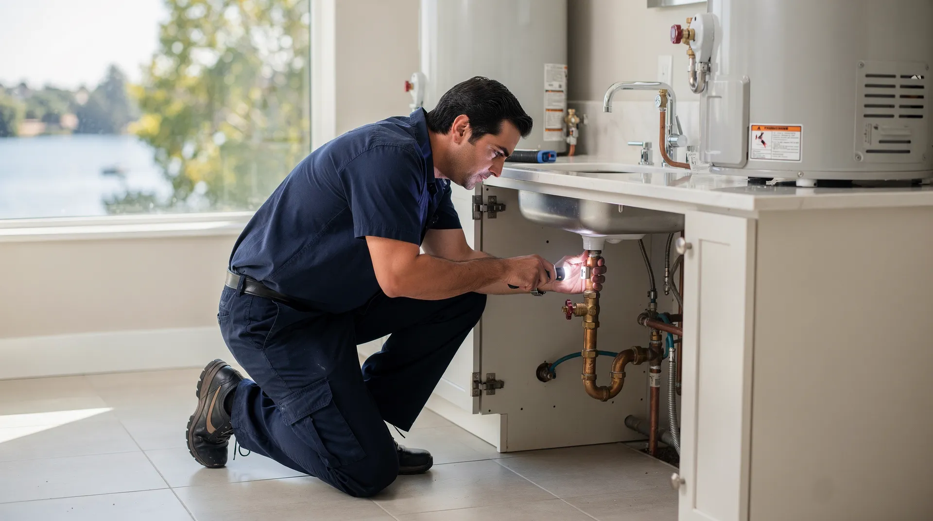 Licensed plumber repairing water heater and pipes in Lake Sherwood home.
