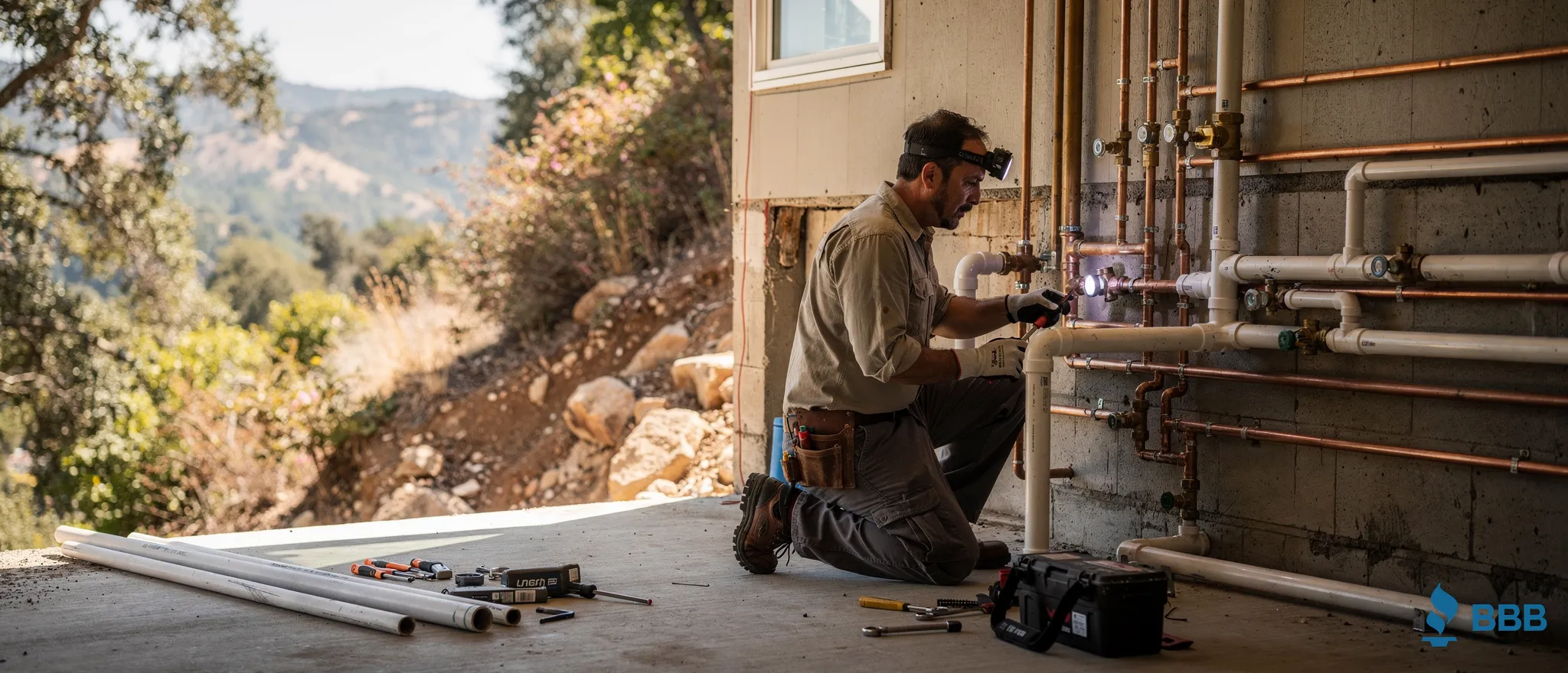 Plumber working on hillside home pipes and plumbing system in Topanga, CA.