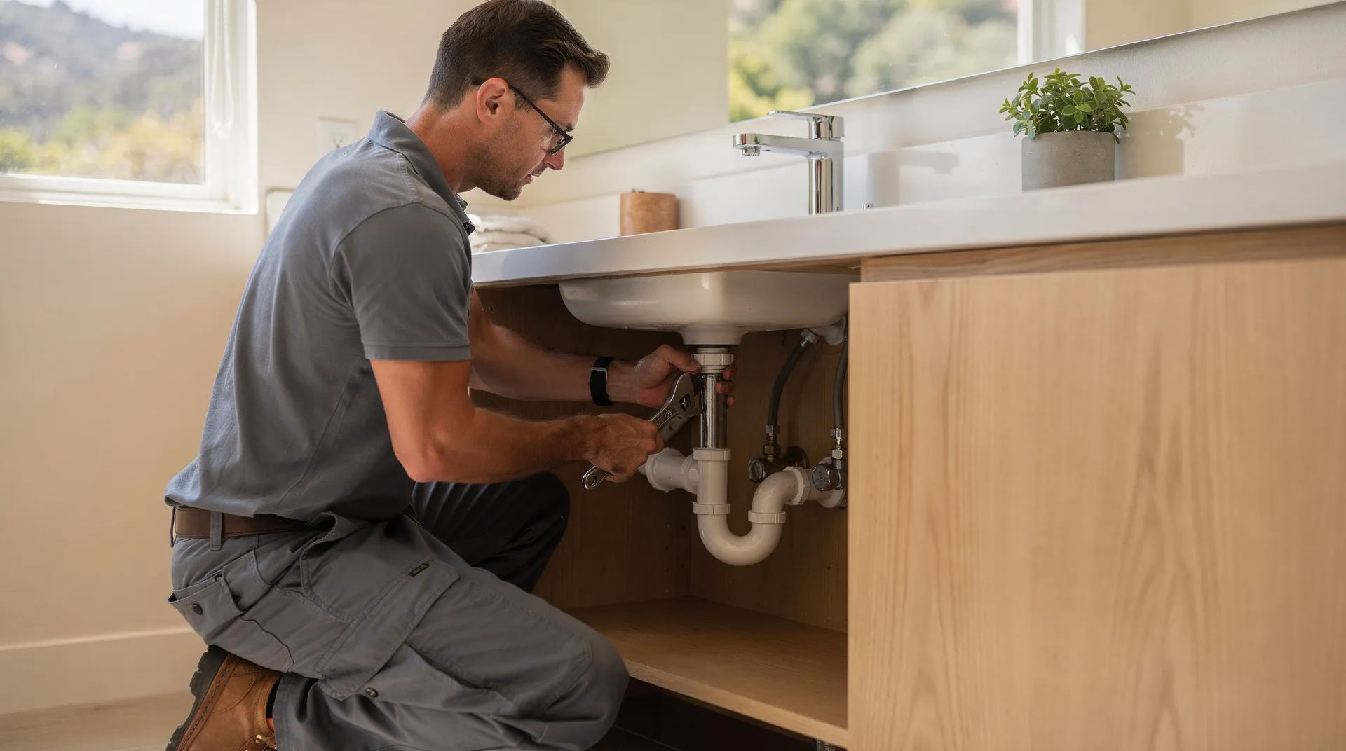 Plumber repairing drain pipes under a bathroom sink in Topanga, California.