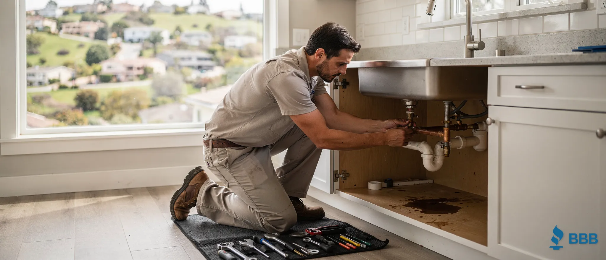 Santor Plumbing professional repairing kitchen sink plumbing in North Hills, California home.