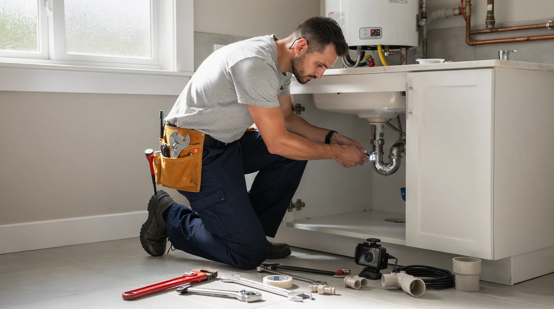 Plumber repairing water heater and pipes in North Hills home.